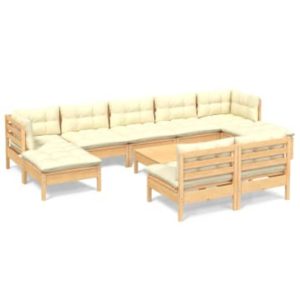 Set mobilier grădină cu perne crem, 10 piese, lemn masiv de pin