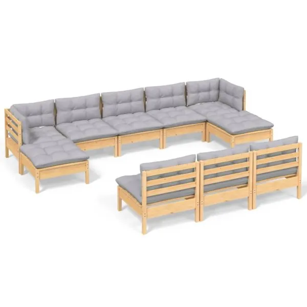 Set mobilier de grădină cu perne gri 10 piese lemn masiv de pin