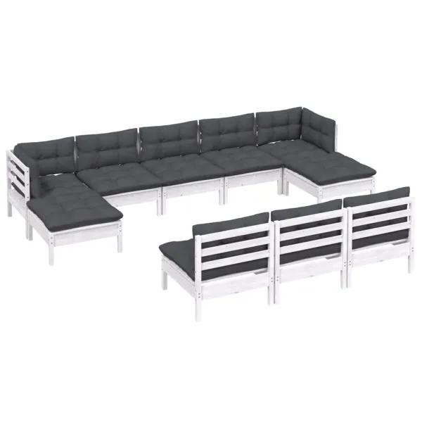 Set mobilier de grădină cu perne, 10 piese, alb, lemn de pin
