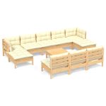 Set mobilier grădină cu perne crem, 11 piese, lemn de pin
