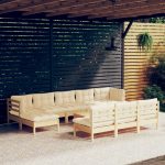 Set mobilier grădină cu perne crem, 11 piese, lemn de pin
