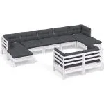 Set mobilier grădină cu perne, 9 piese, alb, lemn masiv pin