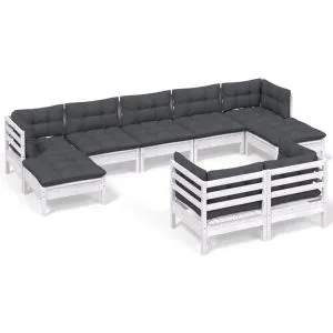 Set mobilier grădină cu perne, 9 piese, alb, lemn masiv pin