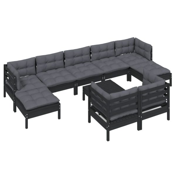 Set mobilier de grădină cu perne 10 piese negru lemn masiv pin