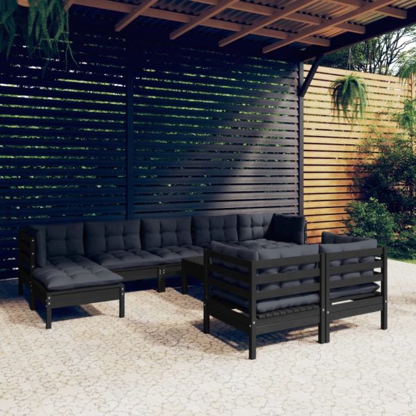 Set mobilier de grădină cu perne 10 piese negru lemn masiv pin