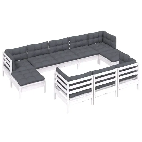Set mobilier de grădină cu perne, 10 piese, alb lemn masiv pin
