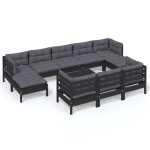 Set mobilier grădină cu perne, 11 piese, negru, lemn masiv pin