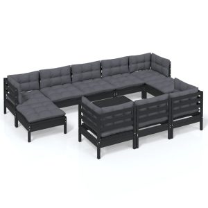 Set mobilier grădină cu perne, 11 piese, negru, lemn masiv pin