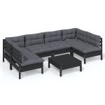 Set mobilier grădină cu perne, 7 piese, negru, lemn masiv pin