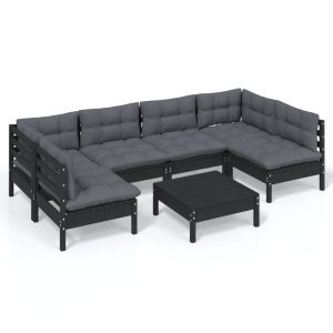 Set mobilier grădină cu perne, 7 piese, negru, lemn masiv pin