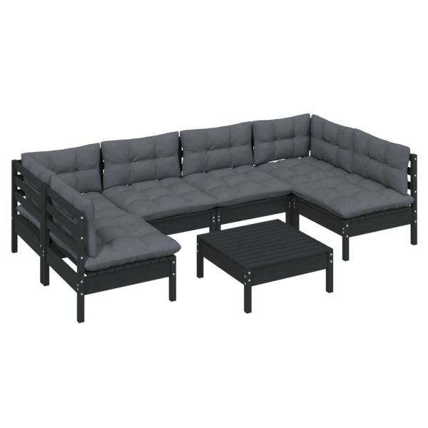 Set mobilier grădină cu perne, 7 piese, negru, lemn masiv pin