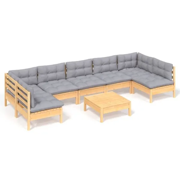 Set mobilier de grădină cu perne gri, 8 piese, lemn masiv pin