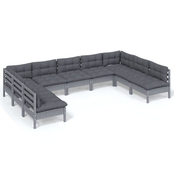 Set mobilier de grădină cu perne, 9 piese, gri, lemn masiv pin