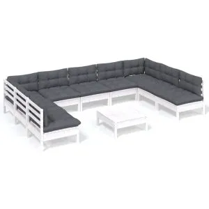Set mobilier grădină cu perne, 10 piese, alb, lemn masiv pin