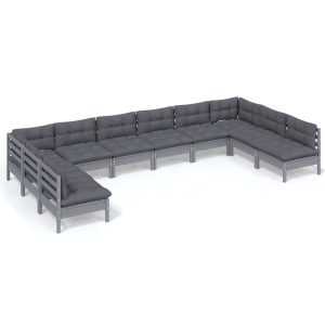 Set mobilier de grădină cu perne 10 piese gri lemn masiv de pin