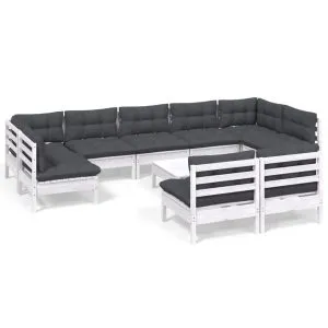 Set mobilier grădină cu perne, 10 piese, alb, lemn masiv pin