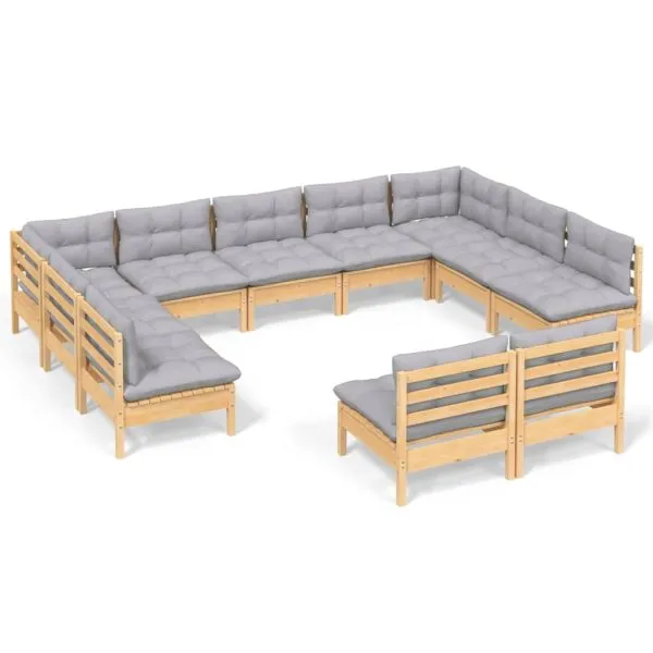 Set mobilier grădină cu perne, 11 piese, gri, lemn masiv pin