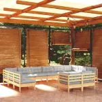 Set mobilier grădină cu perne, 11 piese, gri, lemn masiv pin