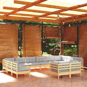 Set mobilier grădină cu perne, 11 piese, gri, lemn masiv pin