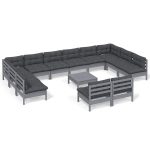 Set mobilier grădină cu perne, 13 piese, gri, lemn masiv pin