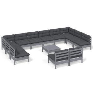 Set mobilier grădină cu perne, 13 piese, gri, lemn masiv pin