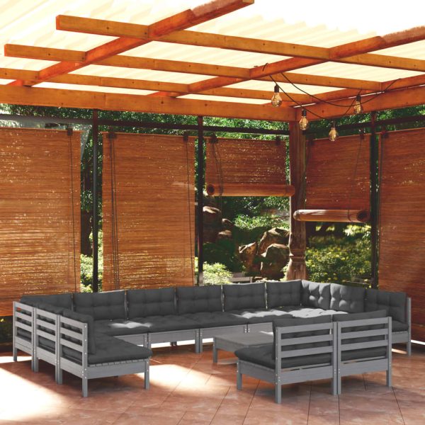 Set mobilier grădină cu perne, 13 piese, gri, lemn masiv pin