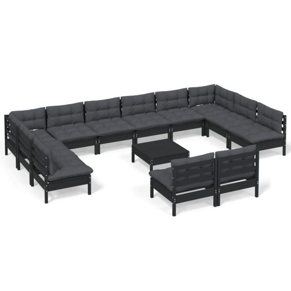 Set mobilier grădină cu perne, 13 piese, negru, lemn masiv pin