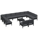 Set mobilier grădină cu perne, 13 piese, negru, lemn masiv pin