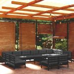 Set mobilier grădină cu perne, 13 piese, negru, lemn masiv pin