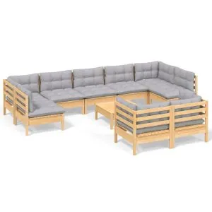 Set mobilier grădină cu perne, 10 piese, gri, lemn masiv pin