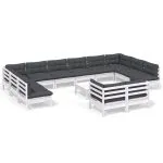 Set mobilier de grădină cu perne, 13 piese, alb, lemn de pin