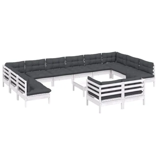 Set mobilier de grădină cu perne, 13 piese, alb, lemn de pin