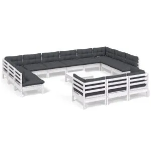 Set mobilier de grădină cu perne, 14 piese, alb, lemn masiv pin