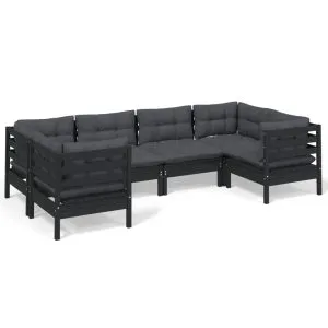 Set mobilier de grădină cu perne, 6 piese, negru, lemn de pin
