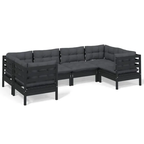 Set mobilier de grădină cu perne, 6 piese, negru, lemn de pin