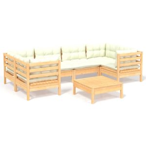 Set mobilier grădină cu perne crem, 7 piese, lemn masiv pin