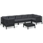Set mobilier grădină cu perne, 8 piese, negru, lemn de pin