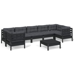 Set mobilier grădină cu perne, 8 piese, negru, lemn de pin