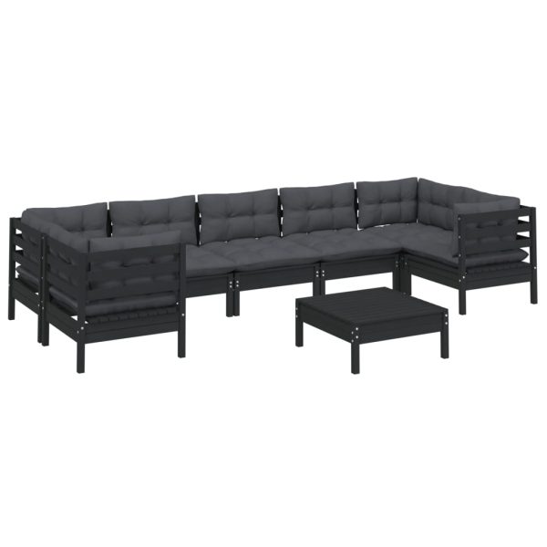 Set mobilier grădină cu perne, 8 piese, negru, lemn de pin