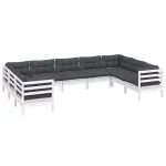 Set mobilier de grădină cu perne, 9 piese, alb, lemn masiv pin