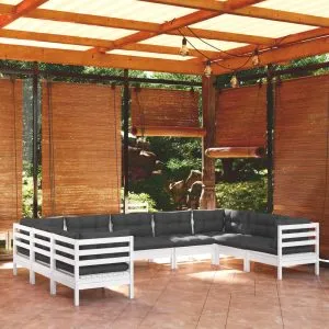 Set mobilier de grădină cu perne, 9 piese, alb, lemn masiv pin