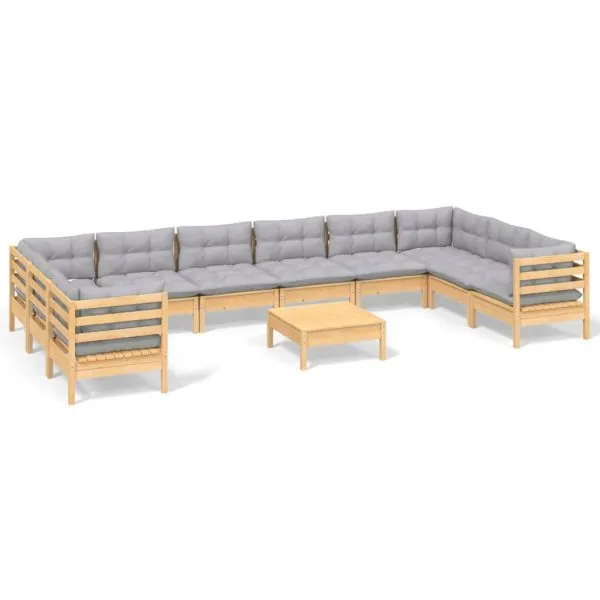 Set mobilier de grădină cu perne, 11 piese, gri, lemn masiv pin