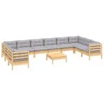 Set mobilier de grădină cu perne, 11 piese, gri, lemn masiv pin