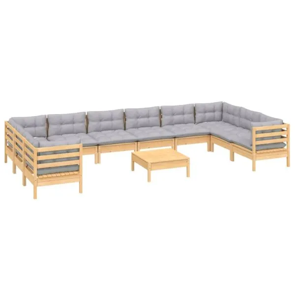Set mobilier de grădină cu perne, 11 piese, gri, lemn masiv pin