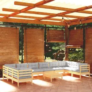 Set mobilier de grădină cu perne, 11 piese, gri, lemn masiv pin