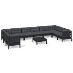 Set mobilier grădină cu perne, 11 piese, negru, lemn de pin
