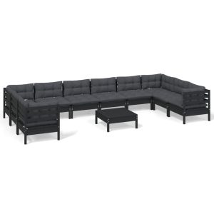 Set mobilier grădină cu perne, 11 piese, negru, lemn de pin