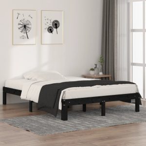 Cadru de pat dublu, negru, 135×190 cm, lemn masiv