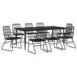 Set cu masă pentru grădină, 9 piese, negru, ratan PVC