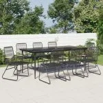 Set cu masă pentru grădină, 9 piese, negru, ratan PVC